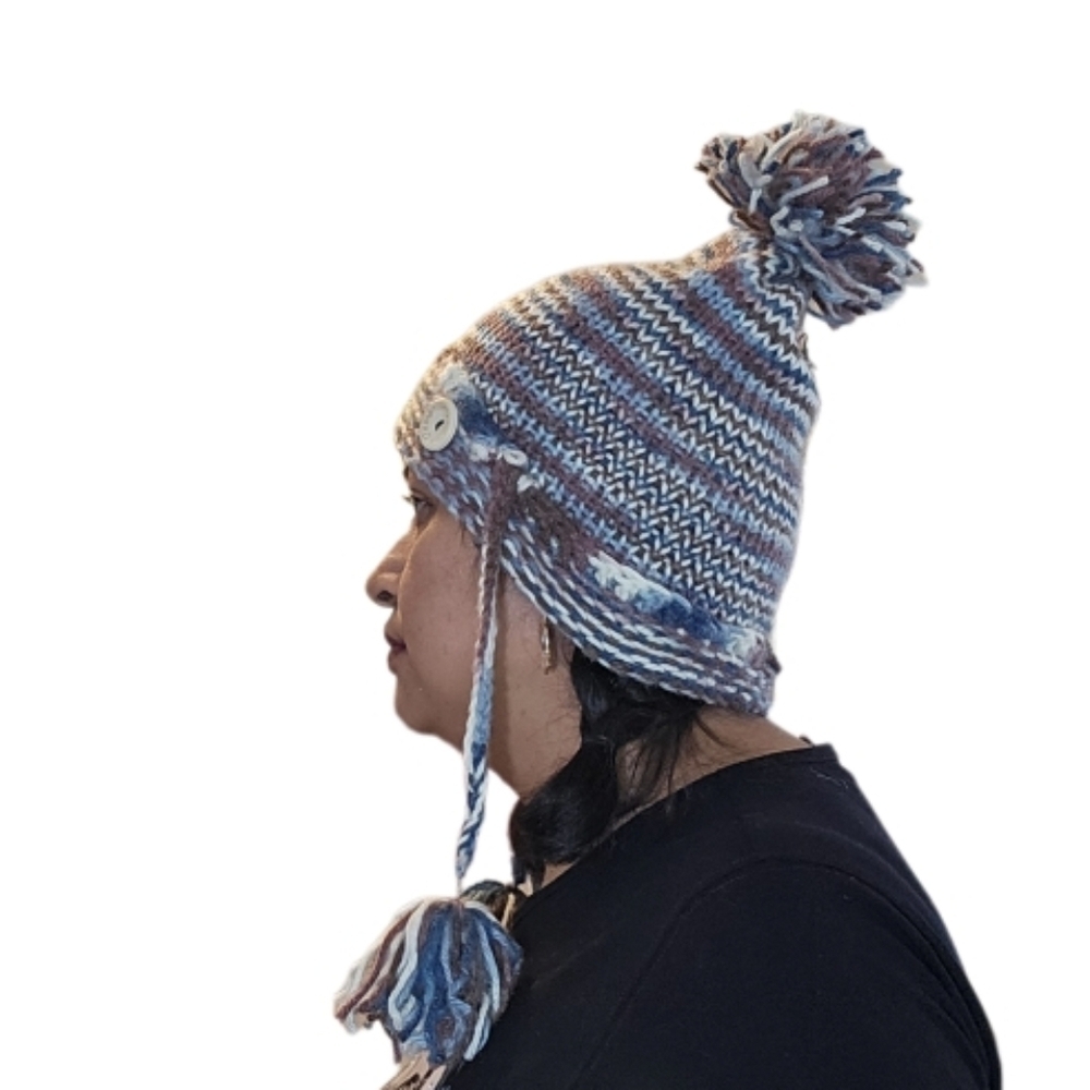 Hand Crafted Winter Hat Handmade knitted pom pom beanie multicolored crochet cap - Picture 10 of 17